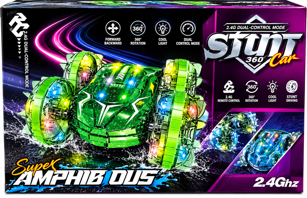 Amphibious 360° Stunt RC Car – 2.4GHz Dual Control with Lights