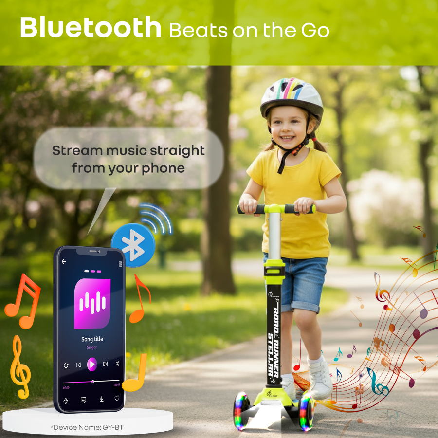 R For Rabbit Road Runner Stellar - LED Scooter for Kids with Bluetooth Music, Adjustable Height & Smooth Ride Neon Black