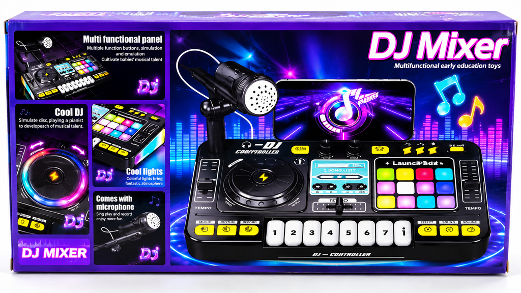 DJ Mixer Toy with Bluetooth Connectivity, Music Keyboard & Light-Up Launchpad for Kids 3+ Years