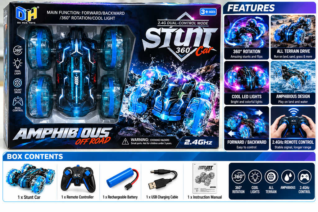Amphibious 360° Stunt RC Car – 2.4GHz Dual Control with Lights