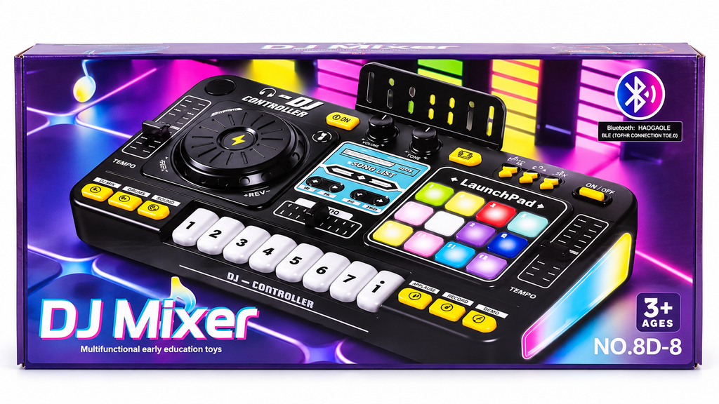 DJ Mixer Toy with Bluetooth Connectivity, Music Keyboard & Light-Up Launchpad for Kids 3+ Years