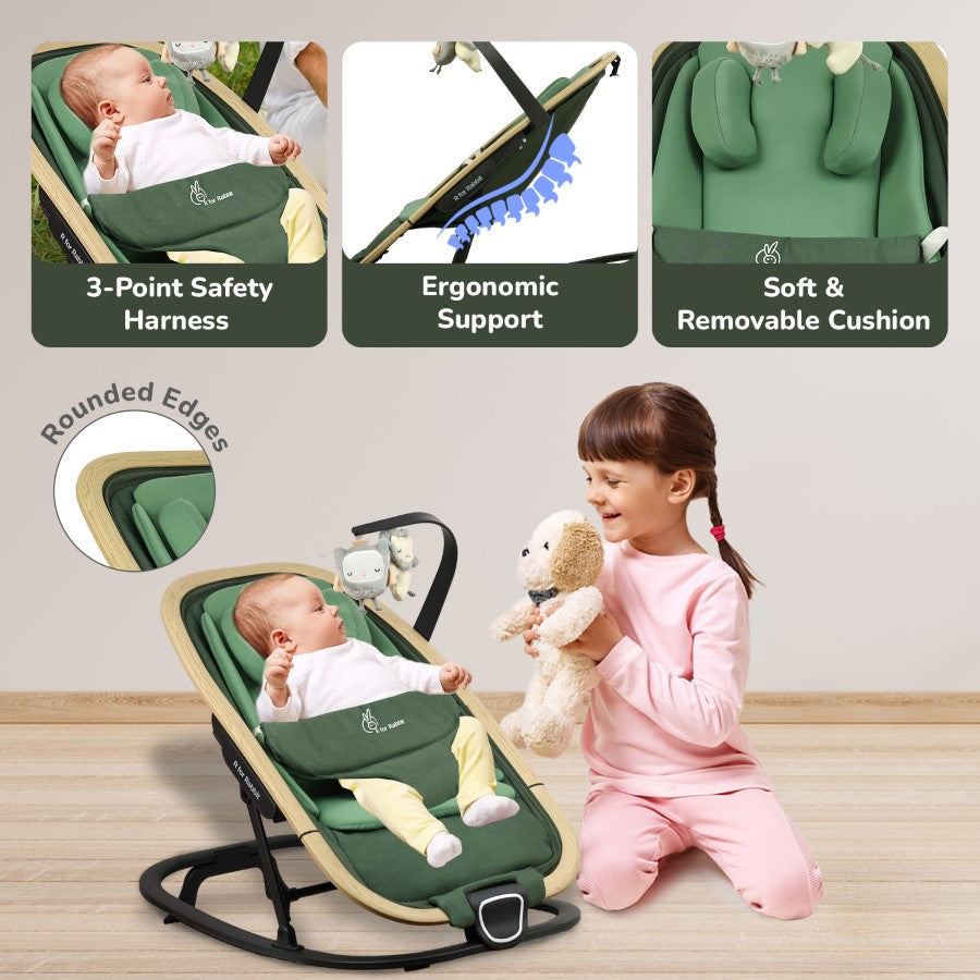 R For Rabbit Rock N Nap Bliss – Lightweight Baby Sleeper & Rocker Olive Green