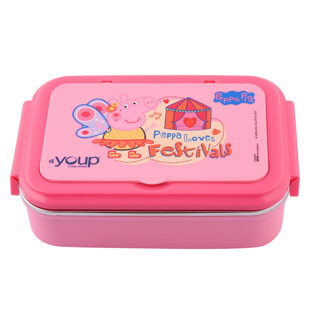 Youp Stainless Steel Insulated Pink Color Kids Peppa Pig Lunch Box With Fork & Spoon Lunch Break - 850 ml Assorted Color