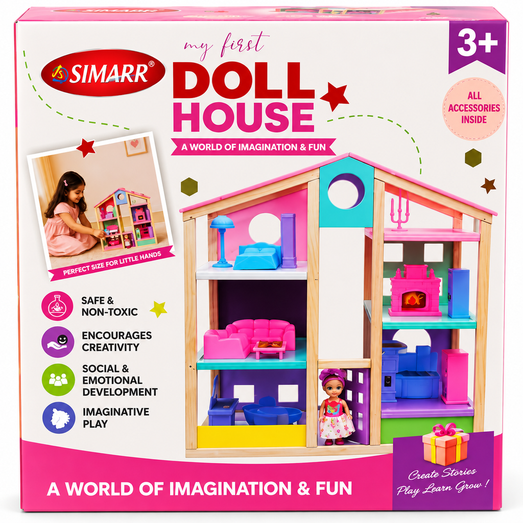 Simarr My First Doll House Playset with Doll & Accessories | Wooden Pretend Play House for Kids | 3+ Years
