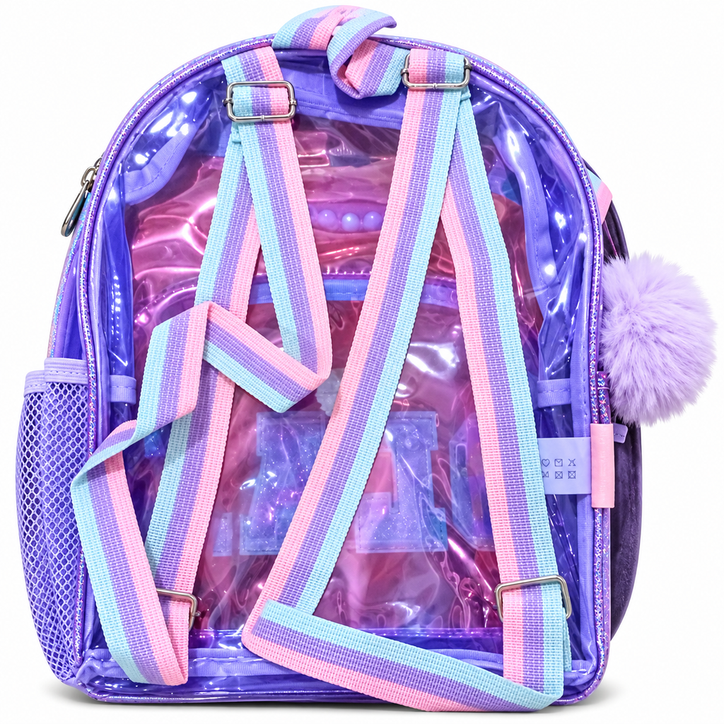 Glam Transparent Kids Backpack | Holographic School Bag with Pom-Pom Charm & Front Pocket