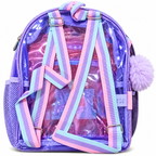 Glam Transparent Kids Backpack | Holographic School Bag with Pom-Pom Charm & Front Pocket