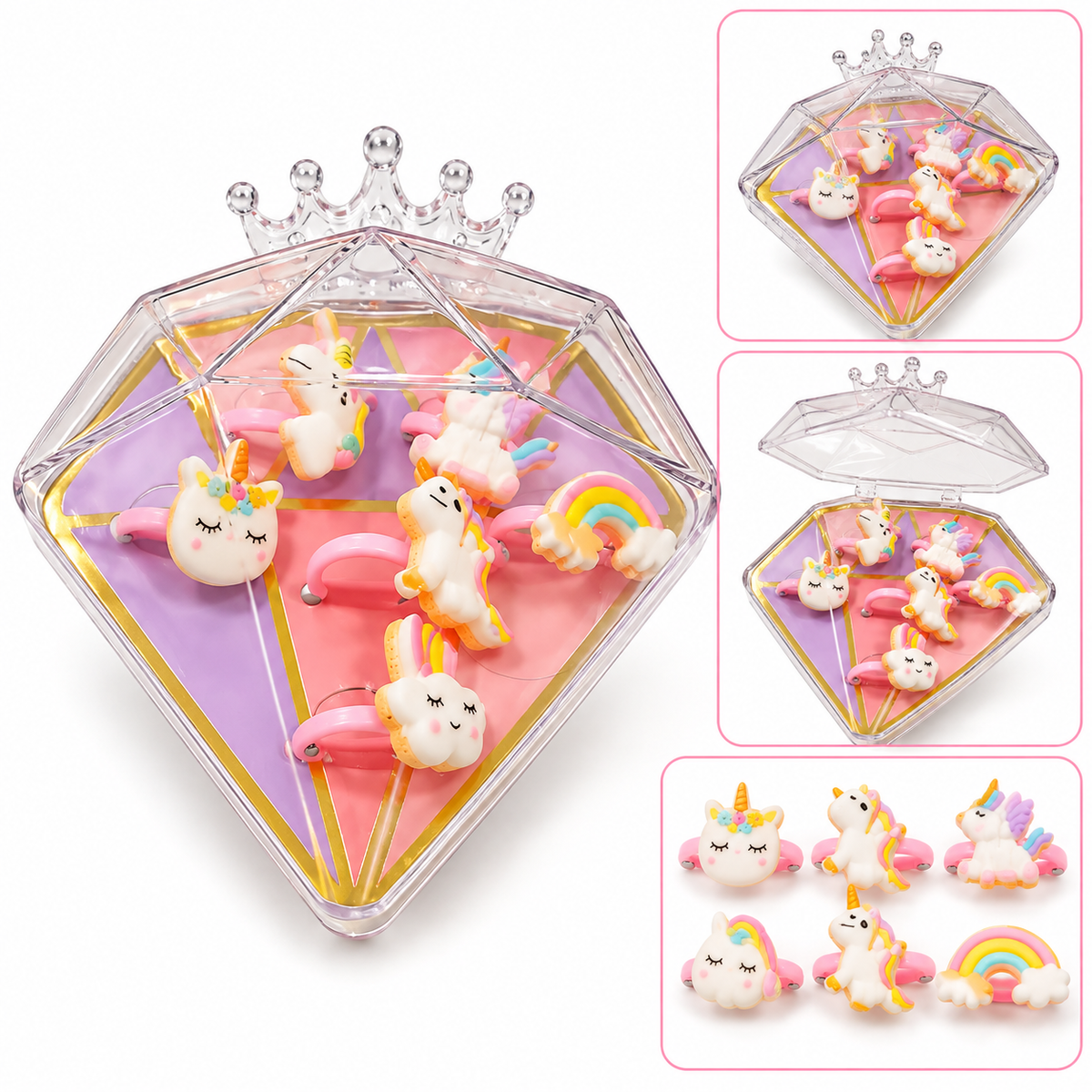Cute Unicorn Hair Accessories Set | Pastel Rainbow Hair Ties for Girls with Diamond-Shaped Gift Box 6 Rings