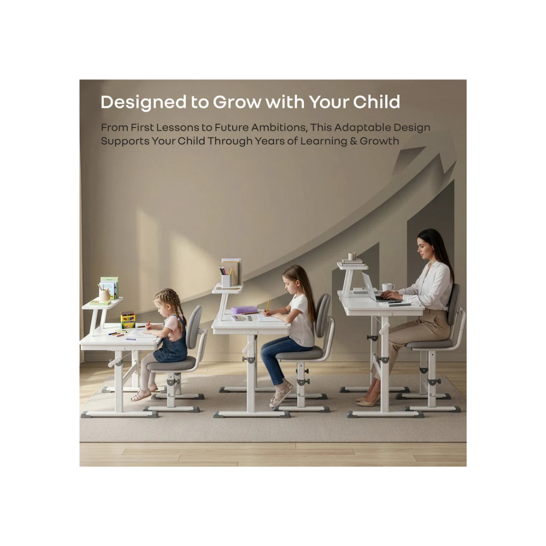 R for Rabbit Kiddie Grow Edge Kids Study Table & Chair Set 3-15 Years, Adjustable Height, Storage Drawer & Bookshelf