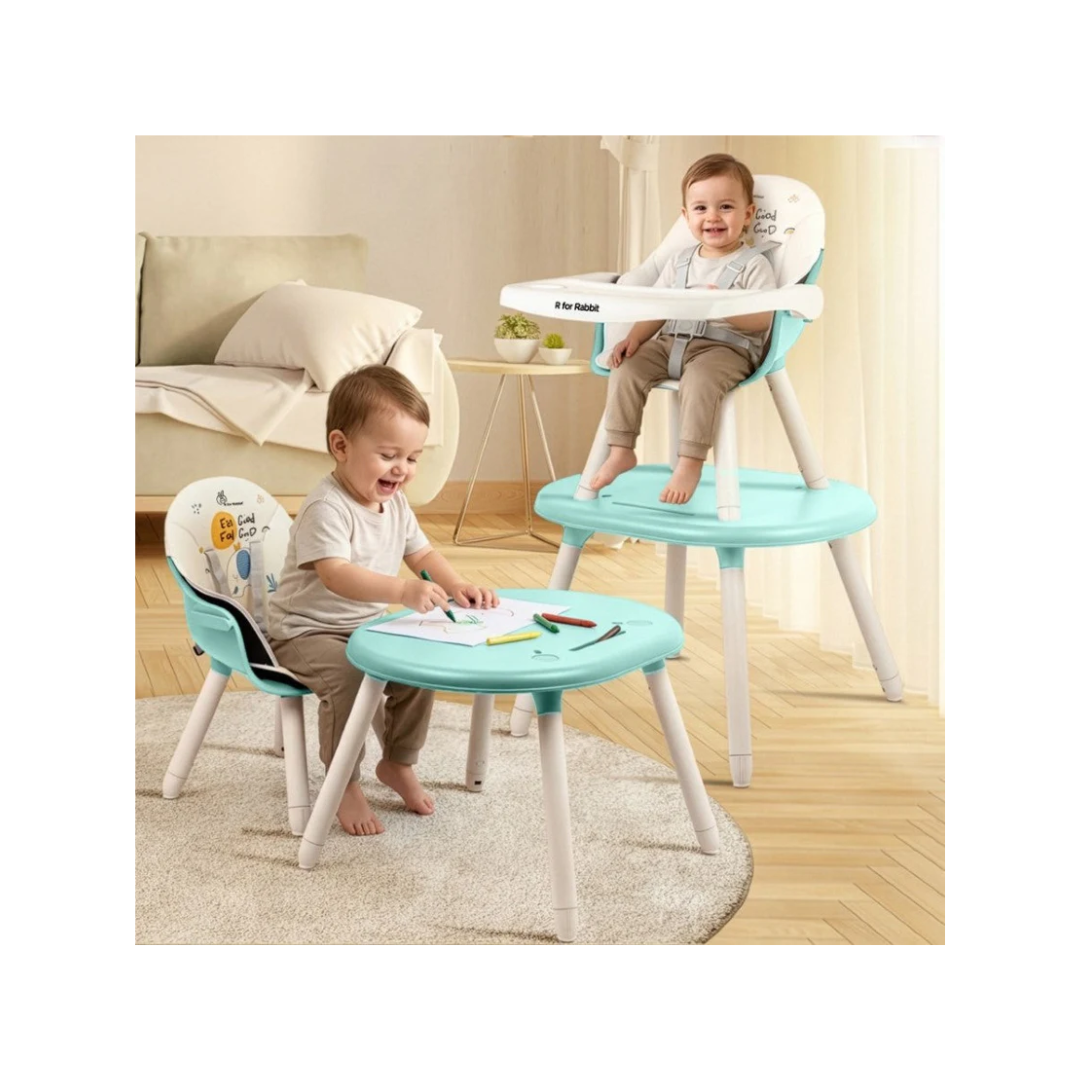 R for Rabbit Cherry Berry Tusky High Chair For Kids 3-in-1 Convertible with Detachable & Adjustable Food Tray - Green Cream