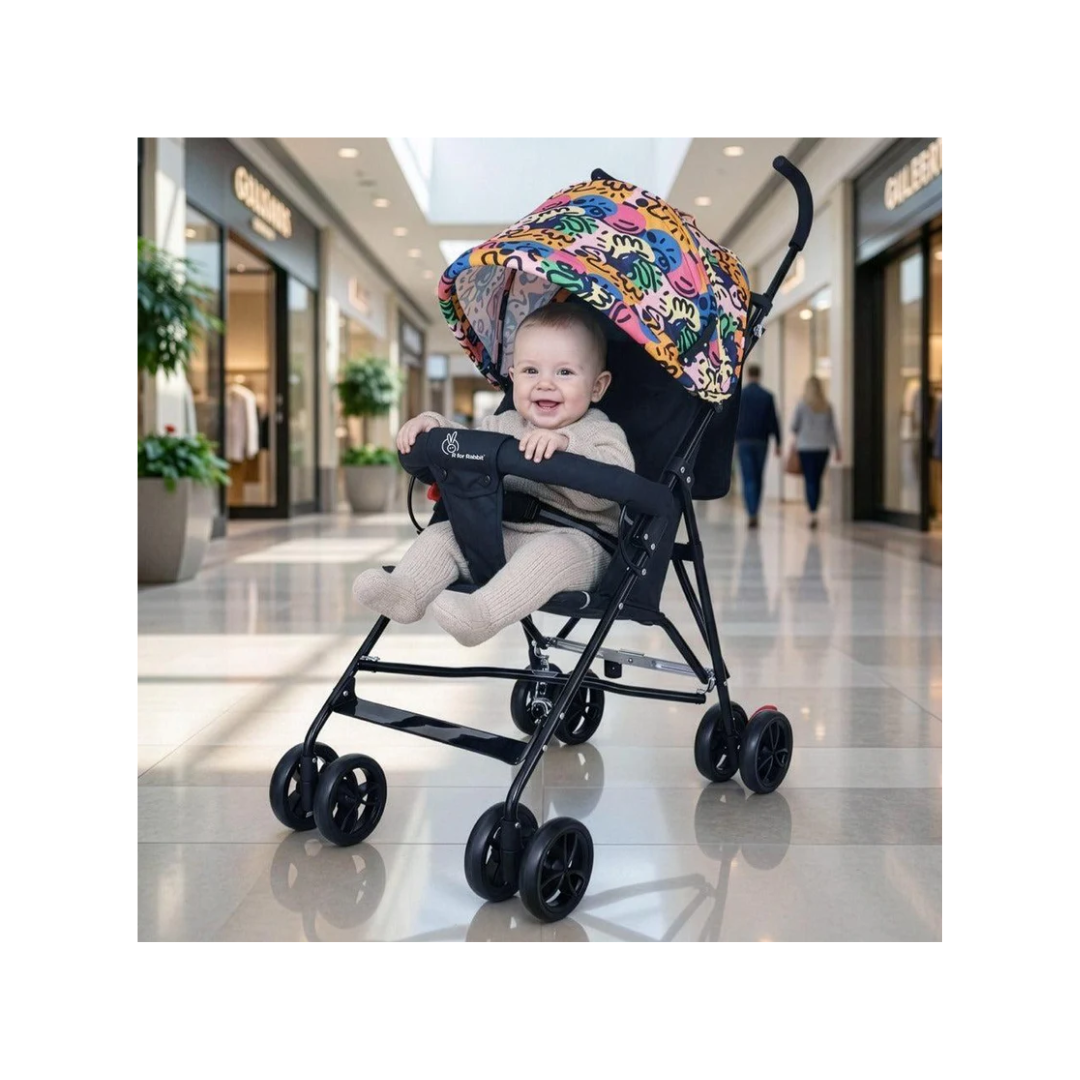 R for Rabbit Pixie Buggy Stroller Easy to Fold and Store, UV Sun Protection Canopy, Rear Brakes, Storage Bag - Black Multi