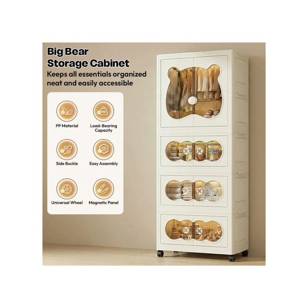 Rainbow Toys Kids Bear Wardrobe Multifunctional Collapsible Plastic Wardrobe Almirah for Kids- Storage Cabinet
