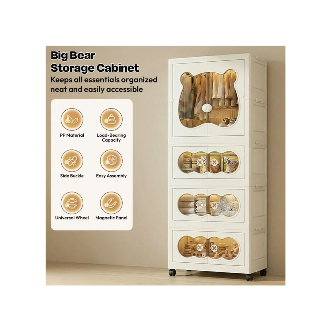 Rainbow Toys Kids Bear Wardrobe Multifunctional Collapsible Plastic Wardrobe Almirah for Kids- Storage Cabinet