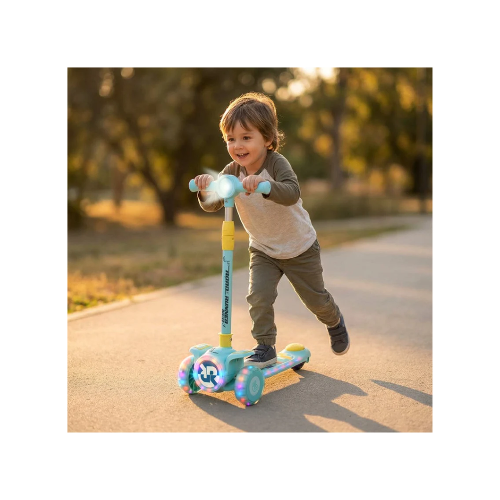 R for Rabbit Road Runner Neo Kids Scooter with LED PU Wheels, Music, Gravity Steering, 4-Level Height Adjustment Blue Yellow