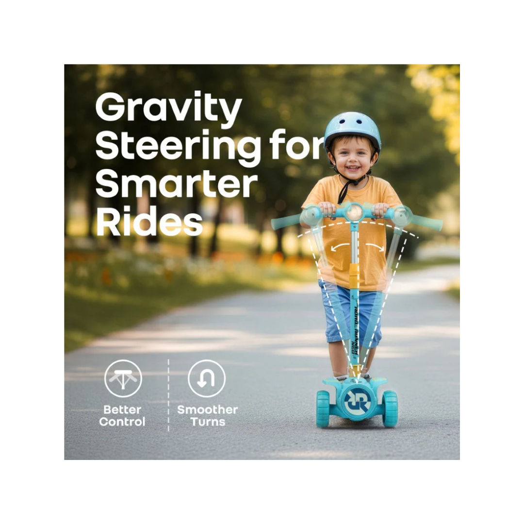 R for Rabbit Road Runner Neo Kids Scooter with LED PU Wheels, Music, Gravity Steering, 4-Level Height Adjustment Blue Yellow