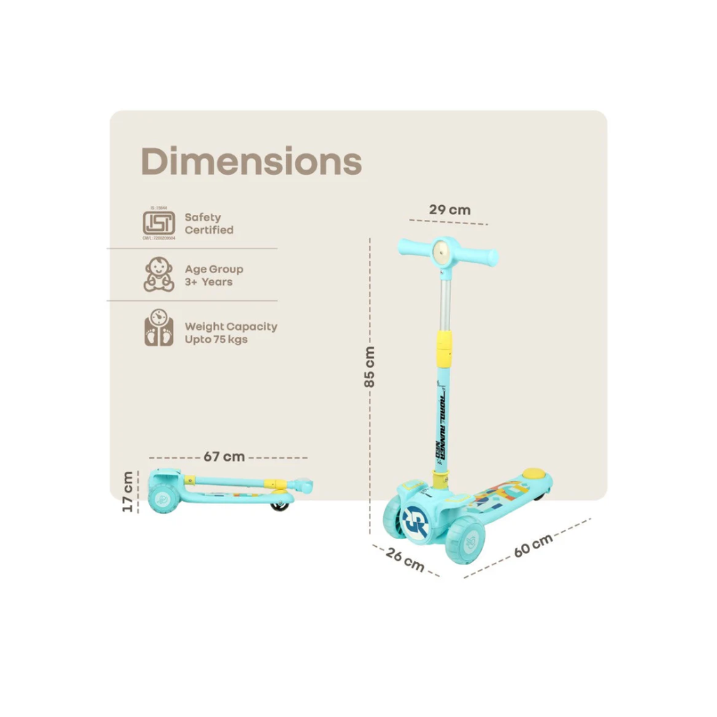 R for Rabbit Road Runner Neo Kids Scooter with LED PU Wheels, Music, Gravity Steering, 4-Level Height Adjustment Blue Yellow