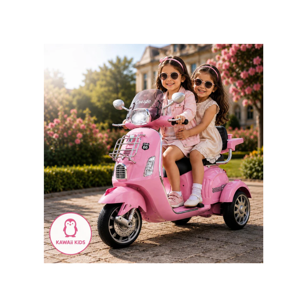 Rainbow Toys Vespa 12v Battery Operated Rechargeable Ride On Scooter with Music & Lights (Pink, Double Seater)