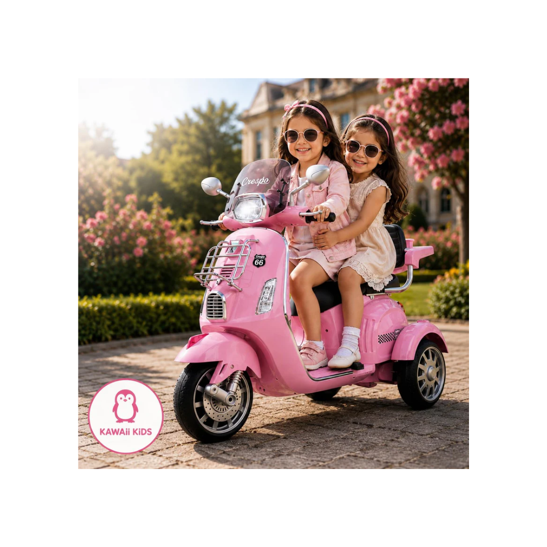 Rainbow Toys Vespa 12v Battery Operated Rechargeable Ride On Scooter with Music & Lights (Pink, Double Seater)
