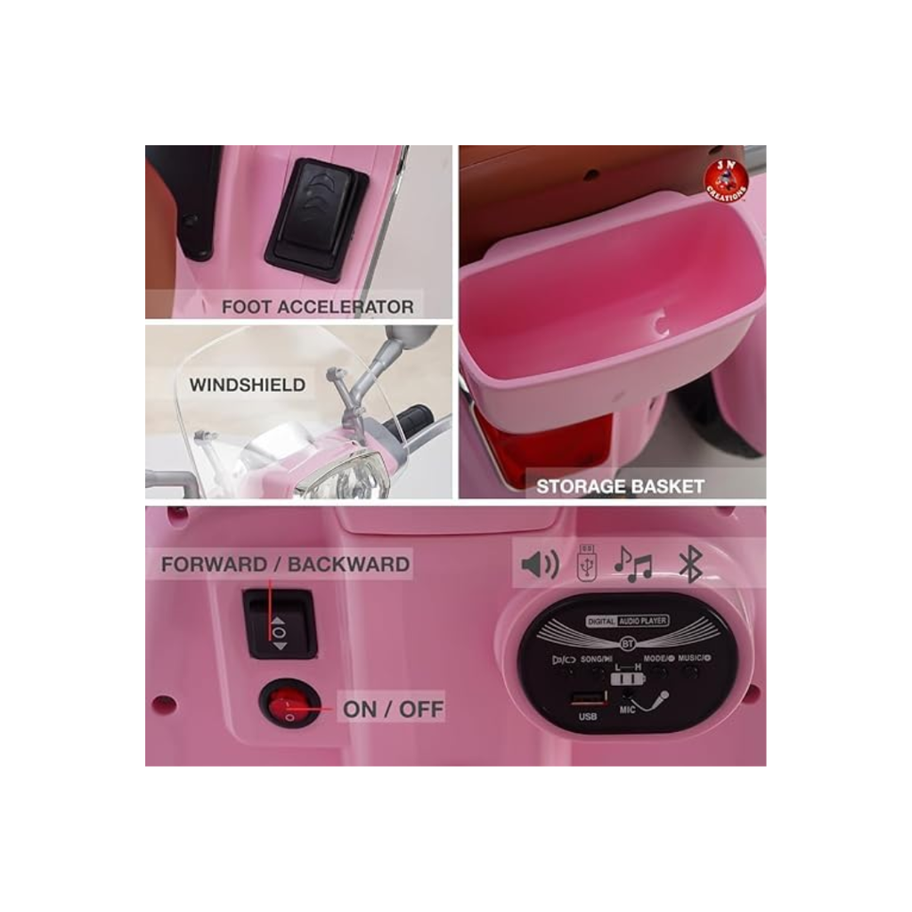 Rainbow Toys Vespa 12v Battery Operated Rechargeable Ride On Scooter with Music & Lights (Pink, Double Seater)