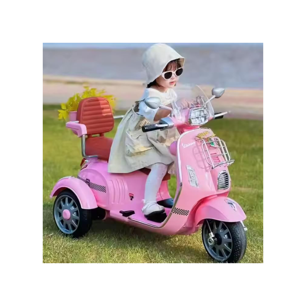 Rainbow Toys Vespa 12v Battery Operated Rechargeable Ride On Scooter with Music & Lights (Pink, Double Seater)