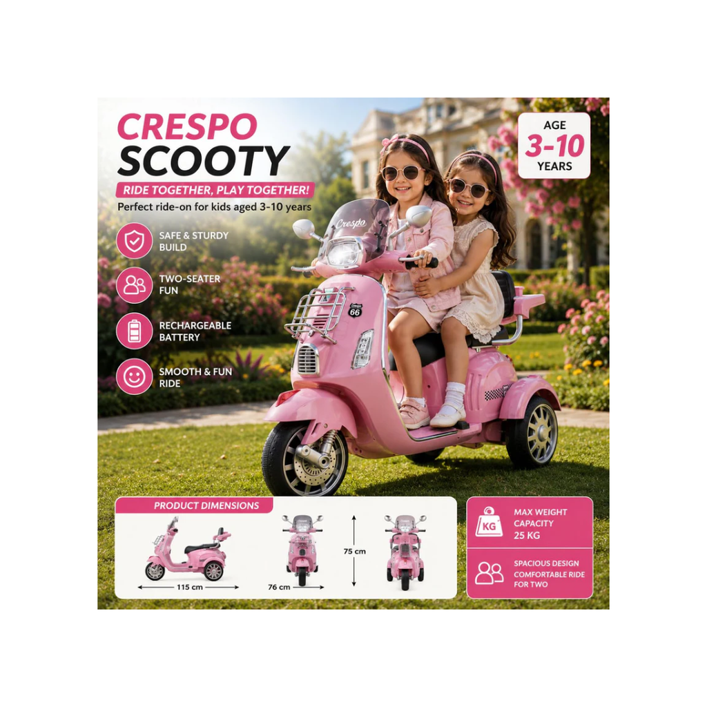 Rainbow Toys Vespa 12v Battery Operated Rechargeable Ride On Scooter with Music & Lights (Pink, Double Seater)
