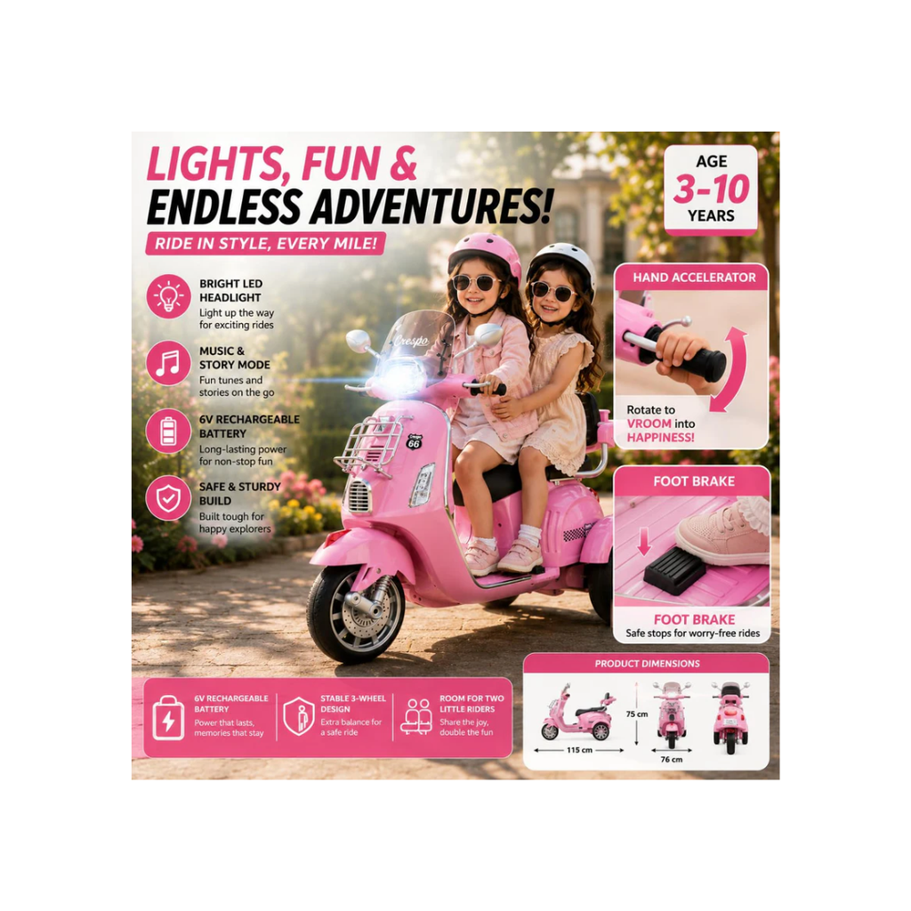 Rainbow Toys Vespa 12v Battery Operated Rechargeable Ride On Scooter with Music & Lights (Pink, Double Seater)