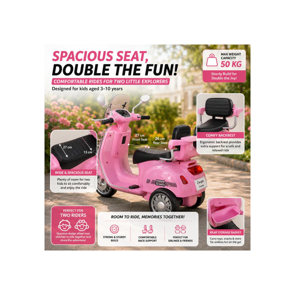 Rainbow Toys Vespa 12v Battery Operated Rechargeable Ride On Scooter with Music & Lights (Pink, Double Seater)