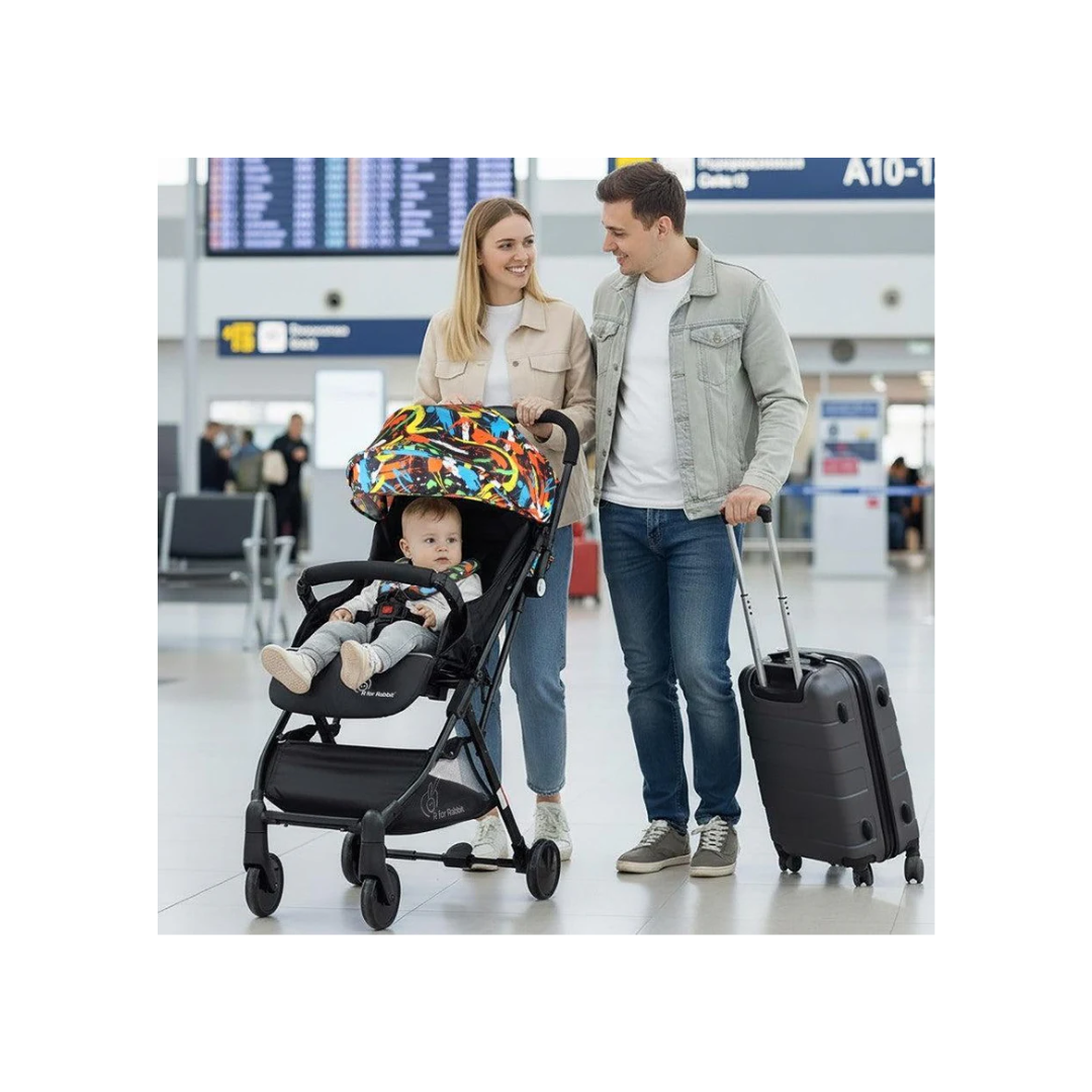 R for Rabbit Pocket Stroller Lite One Hand Fold, Multi Recline, Light Weight, Travel Friendly, Adjustable Canopy, Steel Frame, Link Brake- Black Multi