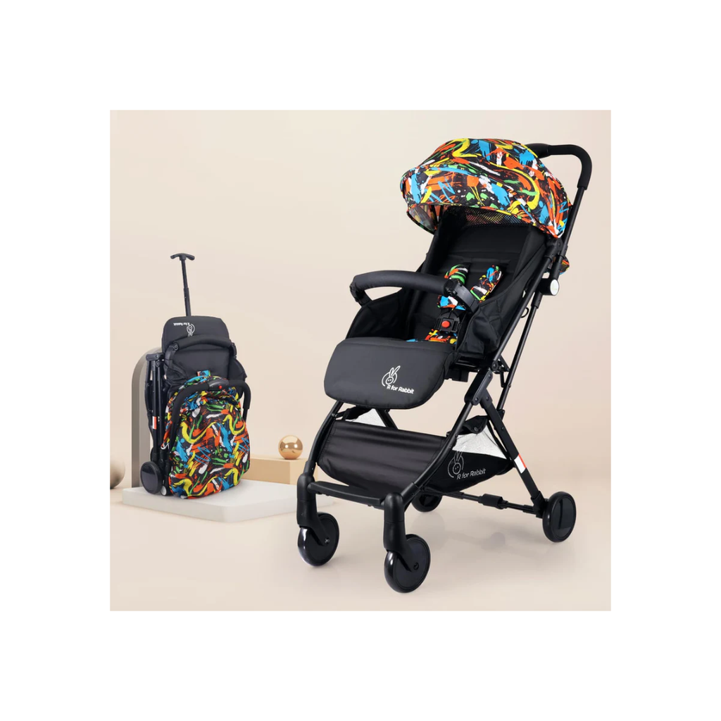 R for Rabbit Pocket Stroller Lite One Hand Fold, Multi Recline, Light Weight, Travel Friendly, Adjustable Canopy, Steel Frame, Link Brake- Black Multi