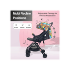 R for Rabbit Pocket Stroller Lite One Hand Fold, Multi Recline, Light Weight, Travel Friendly, Adjustable Canopy, Steel Frame, Link Brake- Black Multi