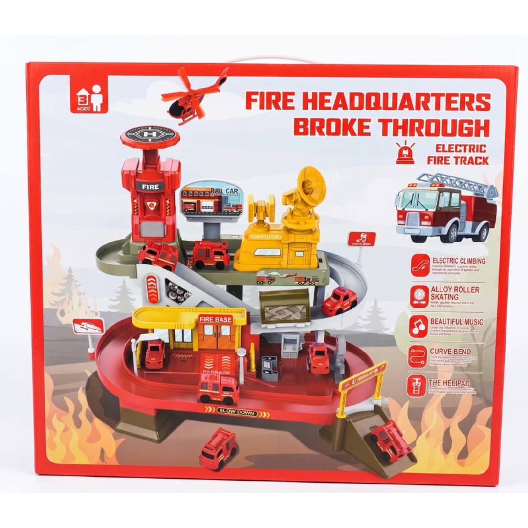 Fire Headquarters Electric Fire Track Toy Set – Rescue Station & Racing Track Set