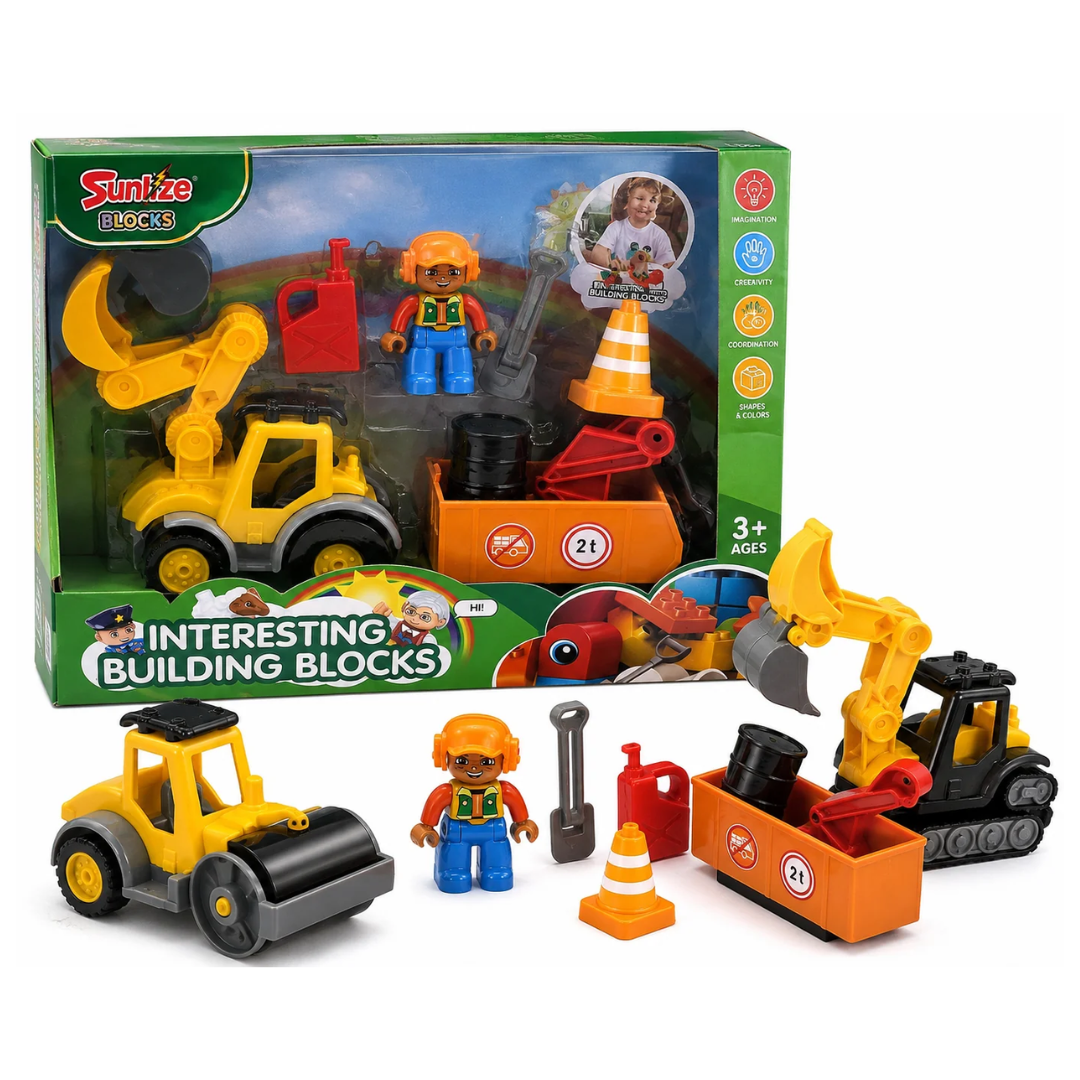 Construction Building Blocks Set with Excavator & Road Roller Vehicles Kids Construction Toy Set