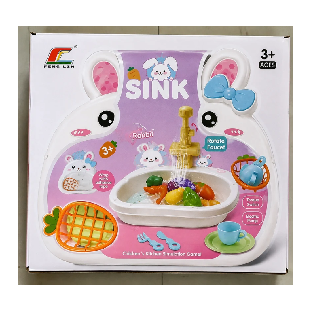 Rabbit Kids Kitchen Sink Play Set with Rotating Faucet & Electric Water Pump 3+ Years