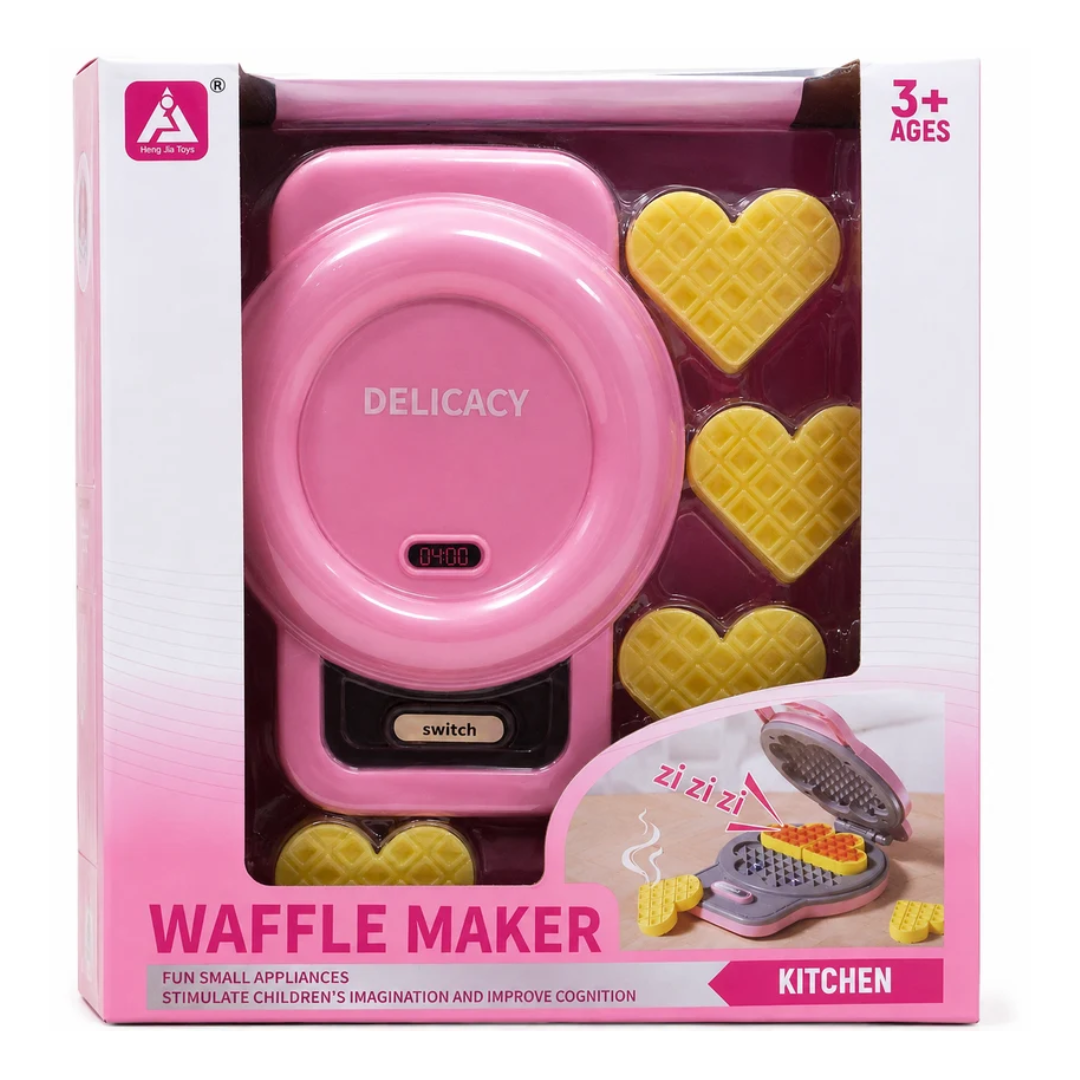 Kids Waffle Maker Pretend Play Toy Set with Heart-Shaped Waffles – Kitchen Role Play Toy for Kids 3+