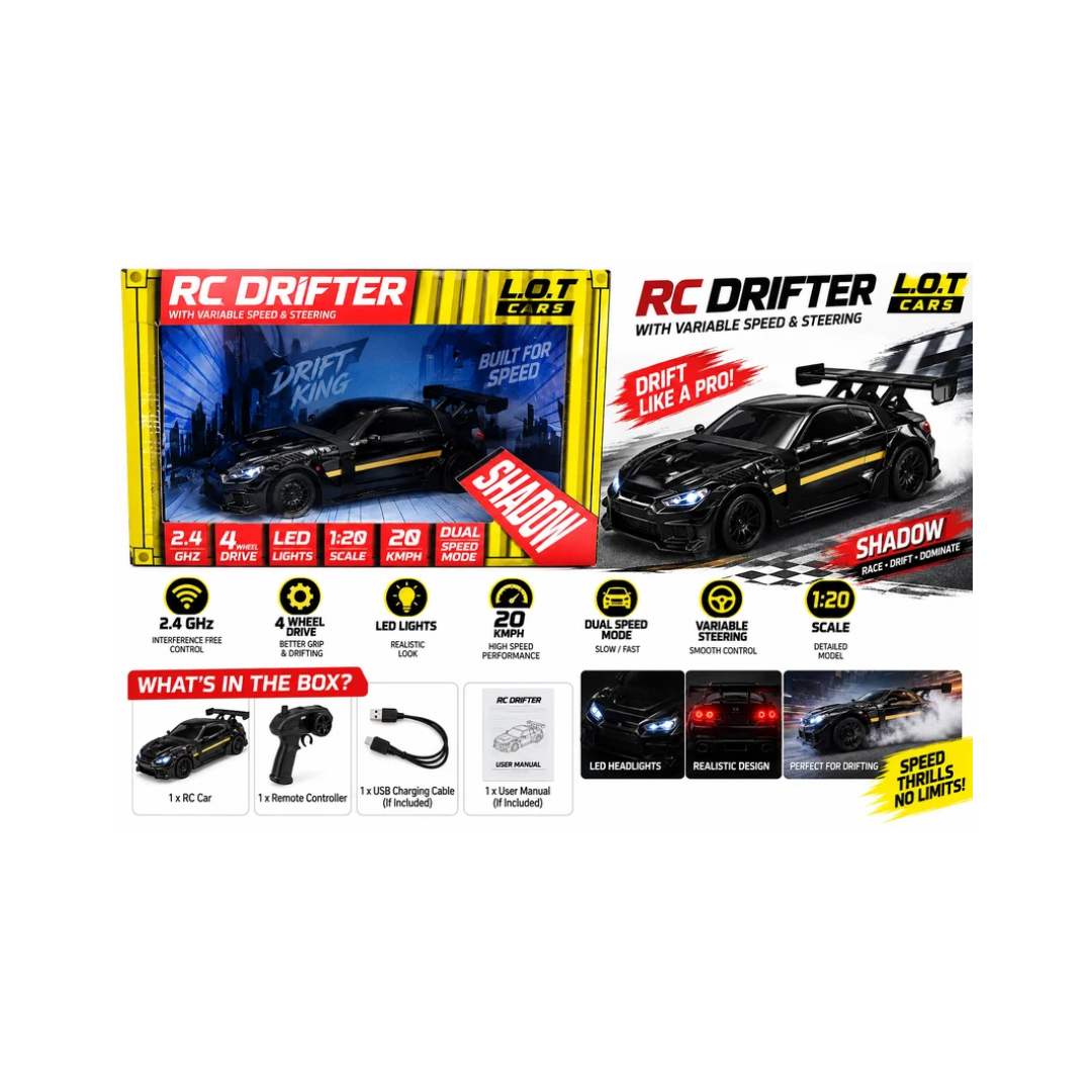RC Drifter Shadow Car 1:20 Scale – 4WD Remote Control Drift Car with LED Lights & Dual Speed Mode