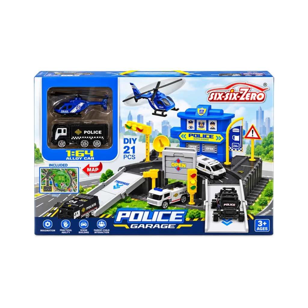 Six-Six-Zero Police Garage DIY 21 Pcs Toy Set with 1:64 Alloy Cars