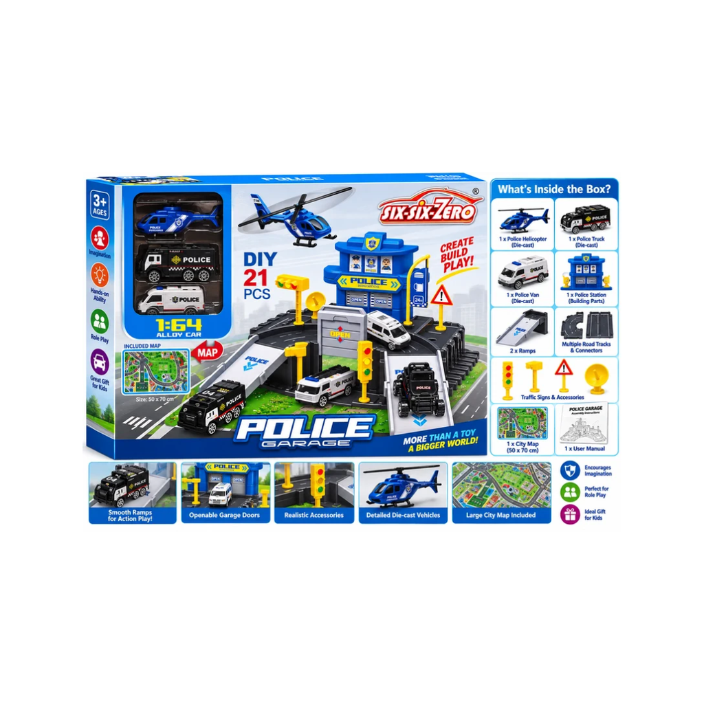 Six-Six-Zero Police Garage DIY 21 Pcs Toy Set with 1:64 Alloy Cars