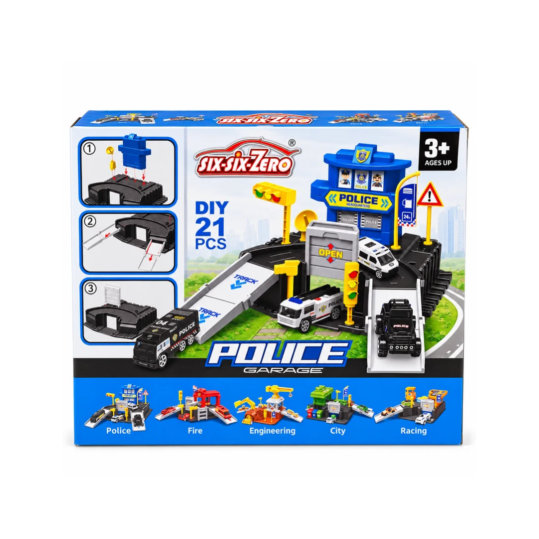 Six-Six-Zero Police Garage DIY 21 Pcs Toy Set with 1:64 Alloy Cars