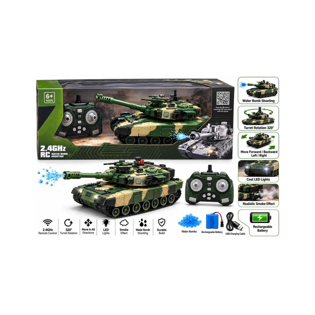 2.4GHz Remote Control Military Tank with Water Bomb Shooting & Remote Control – 6+ Years