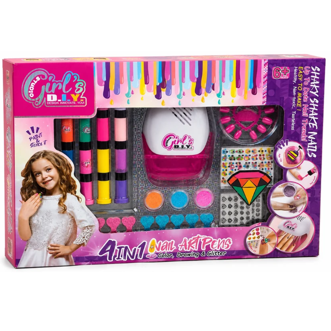 4-in-1 Nail Art Kit for Kids – Nail Polish, Glitter, Stickers & Drawing Set 6+ Years