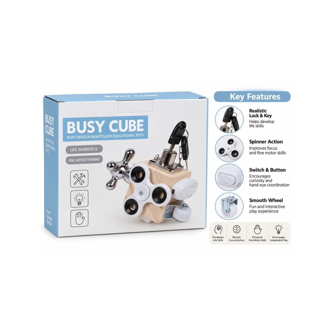 Busy Cube Montessori Educational Toy for Kids – Fine Motor Skills & Life Skills Activity