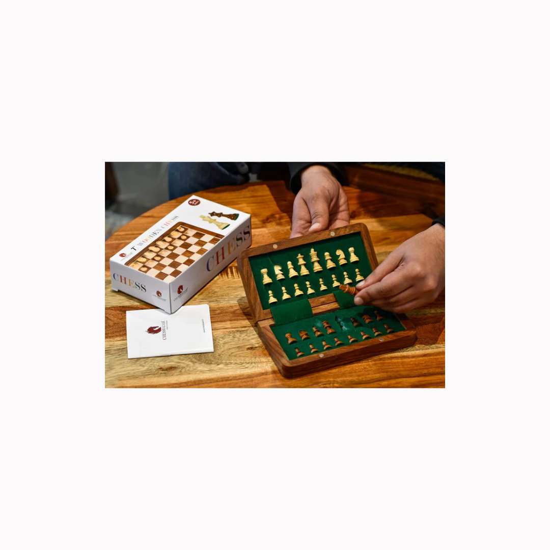 Chessbazaar Travel-Friendly Folding Magnetic Chess Set – 7” Sheesham & Maple Lacquered Board