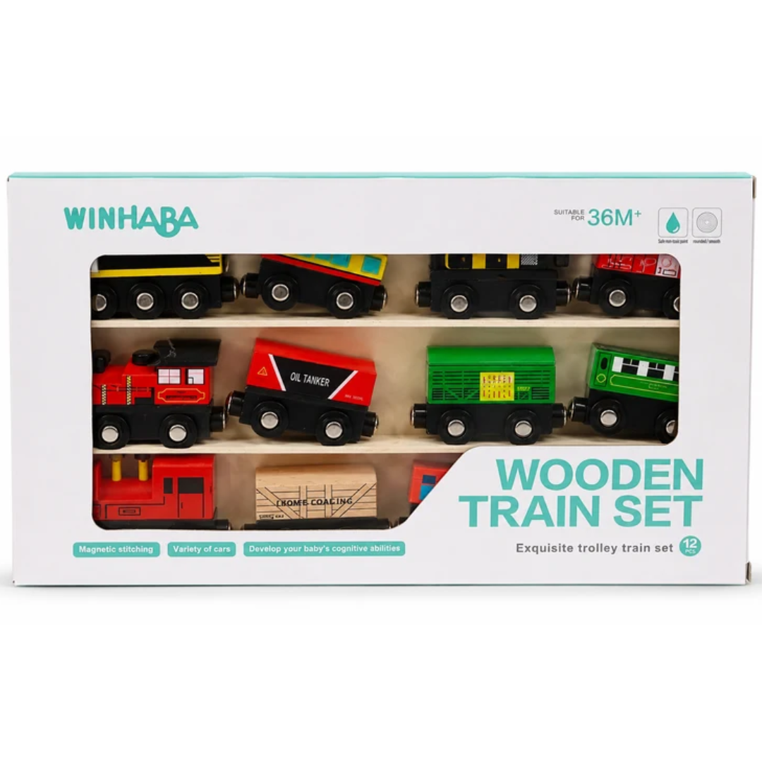 WINHABA Wooden Train Set - 12 Piece Educational Toy for Toddlers
