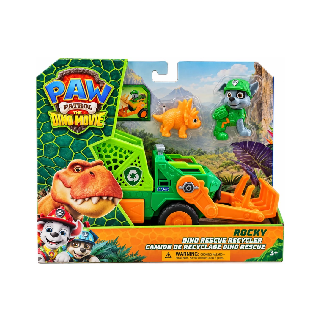 PAW Patrol Rocky Dino Rescue Recycler Truck with Dinosaur Figure – Pretend Play Toy | Age 3+