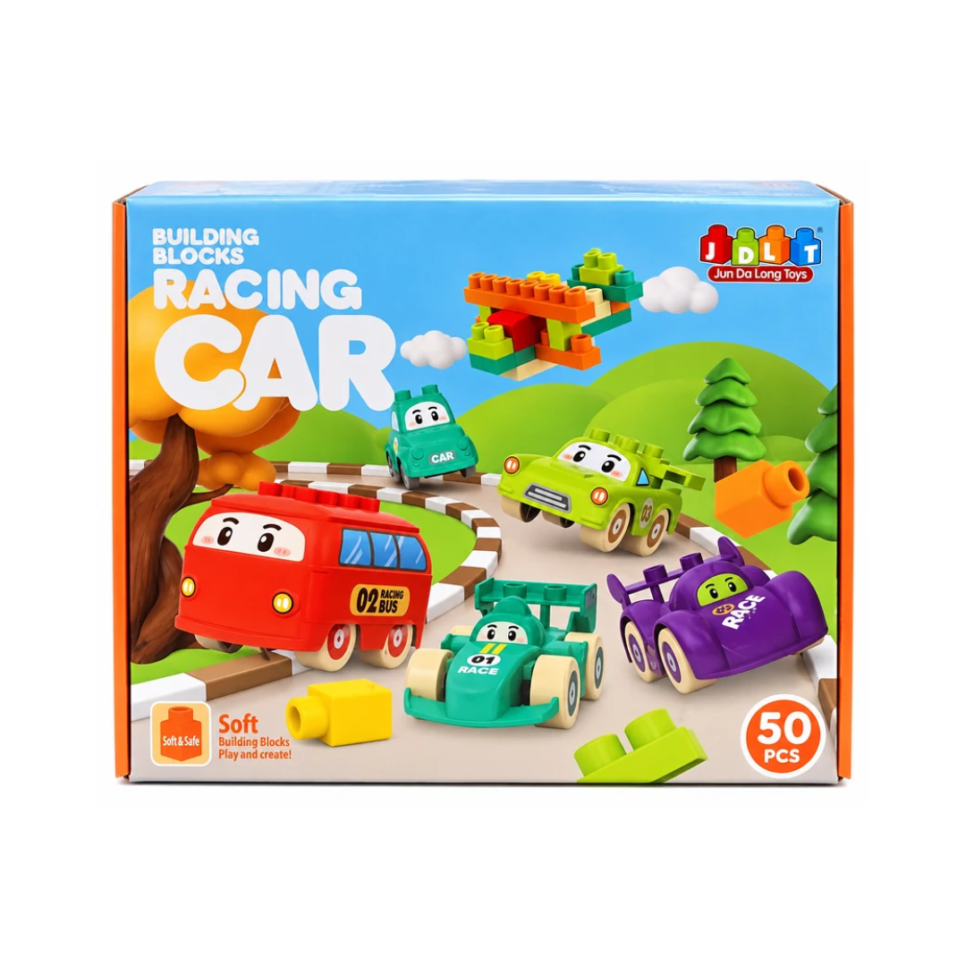 JDLT Racing Car Soft Building Blocks Set – 50 Pcs Vehicle Construction Blocks