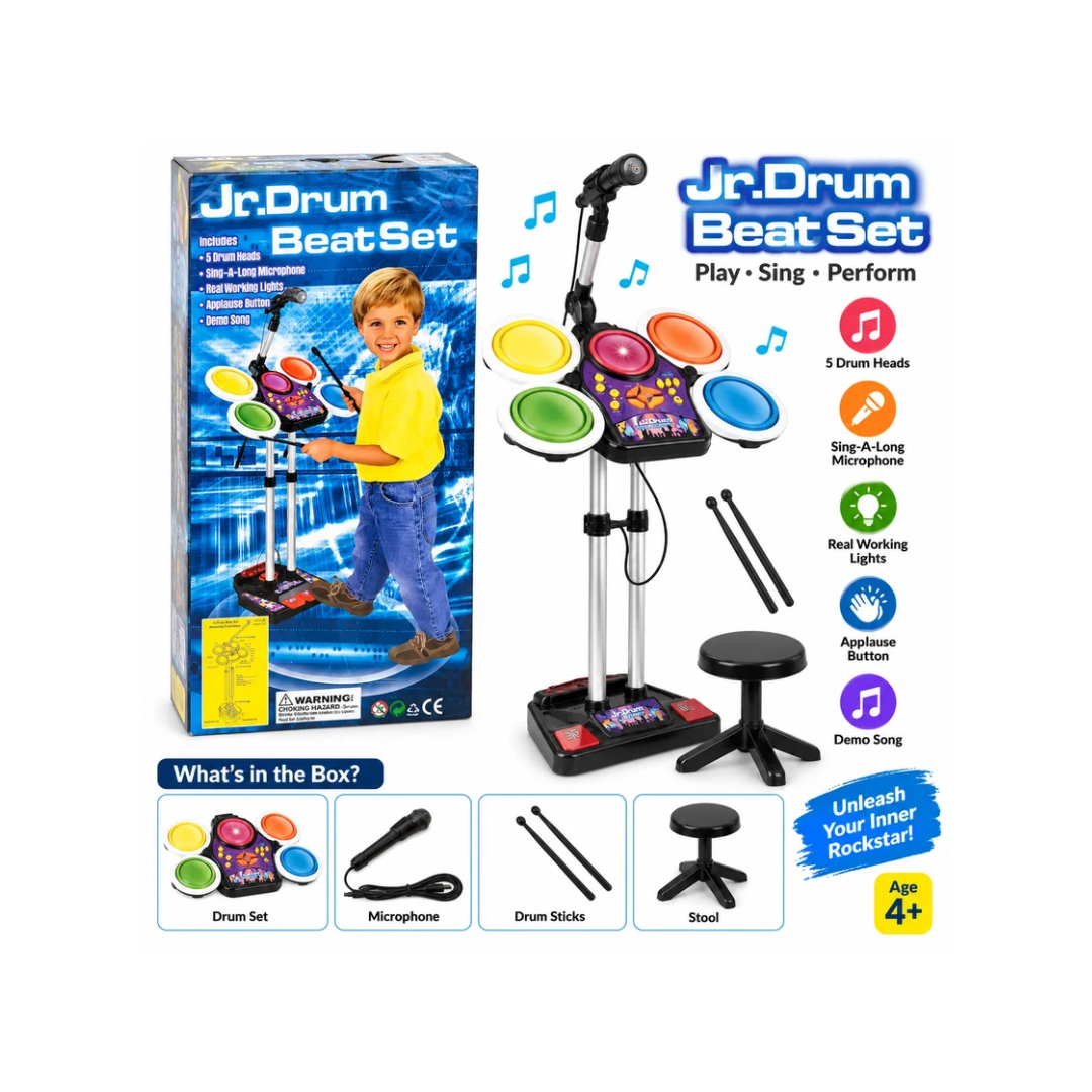Jr. Drum Beat Set for Kids with 5 Drum Heads, Sing-Along Microphone, Lights & Demo Music
