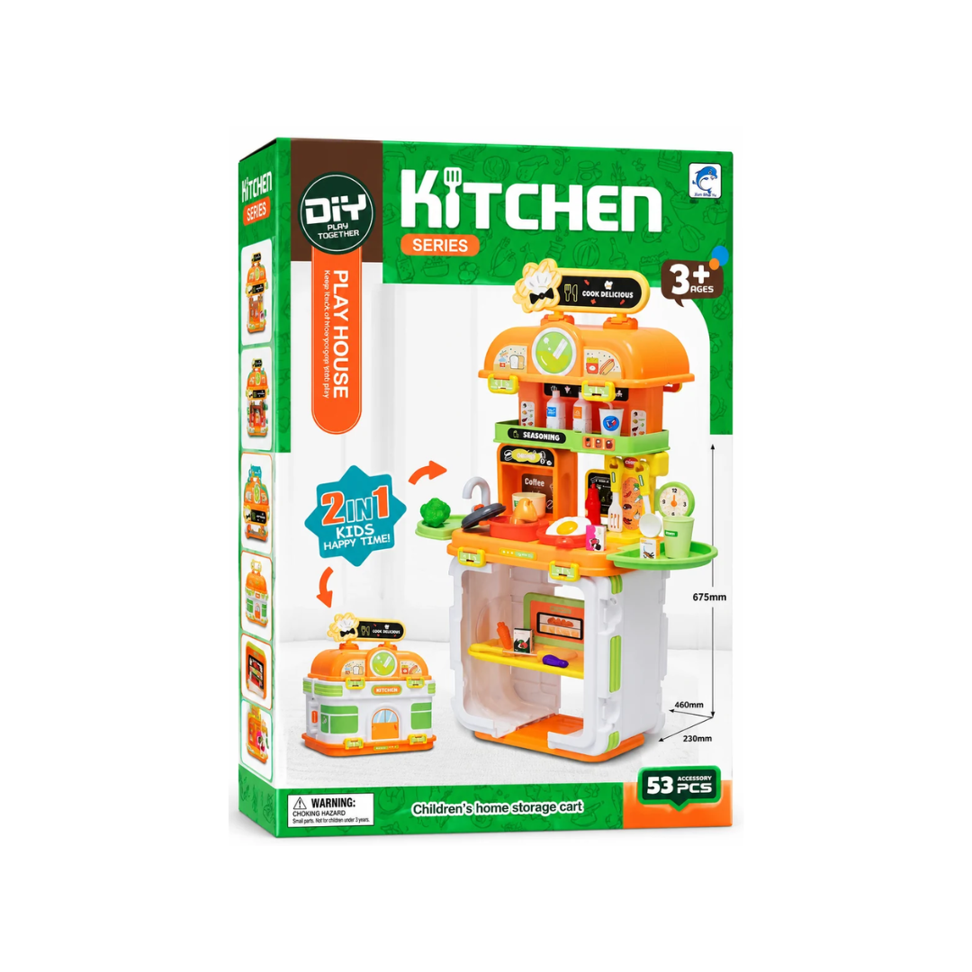 2-in-1 Kids Kitchen Play Set with 53 Accessories & Storage Cart