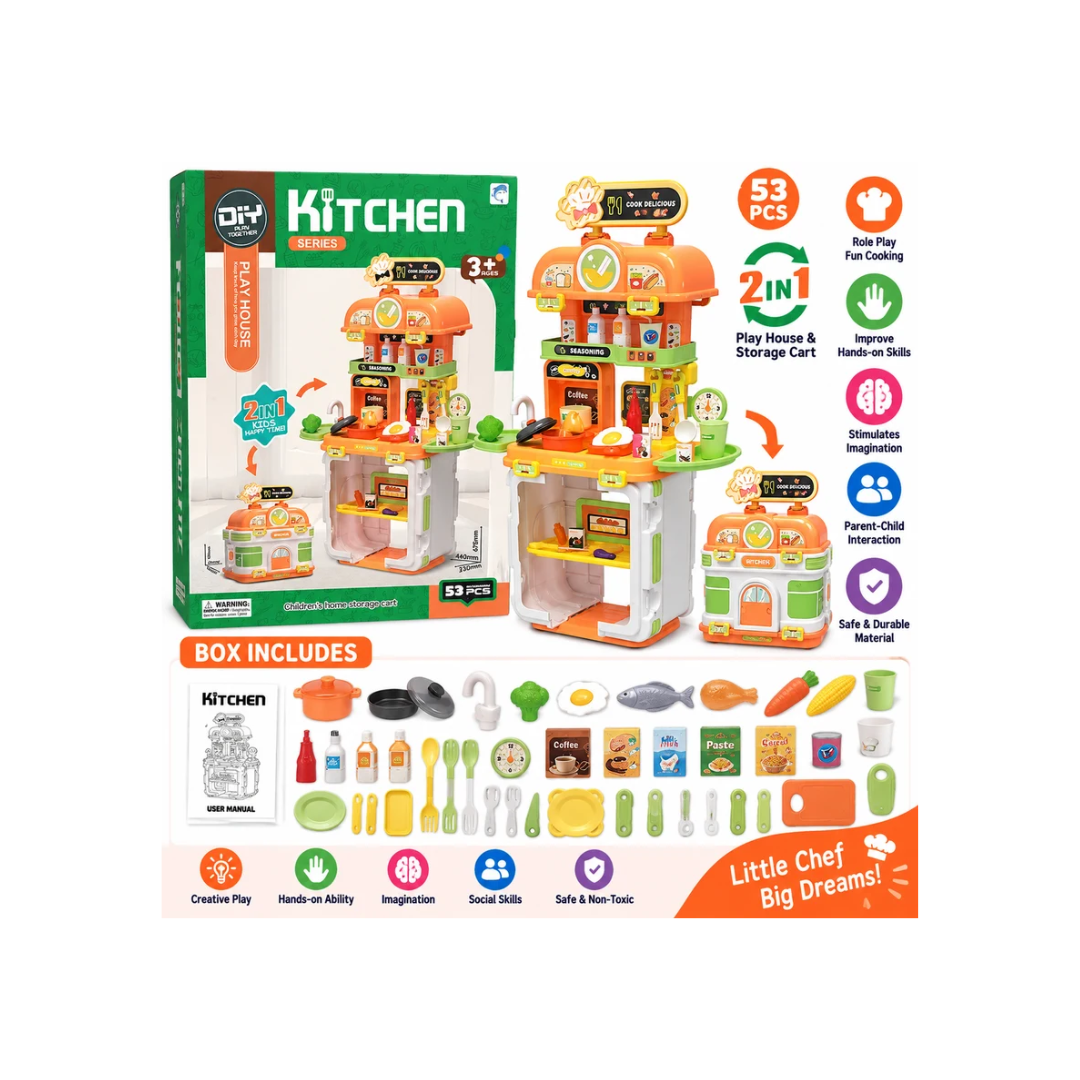 2-in-1 Kids Kitchen Play Set with 53 Accessories & Storage Cart