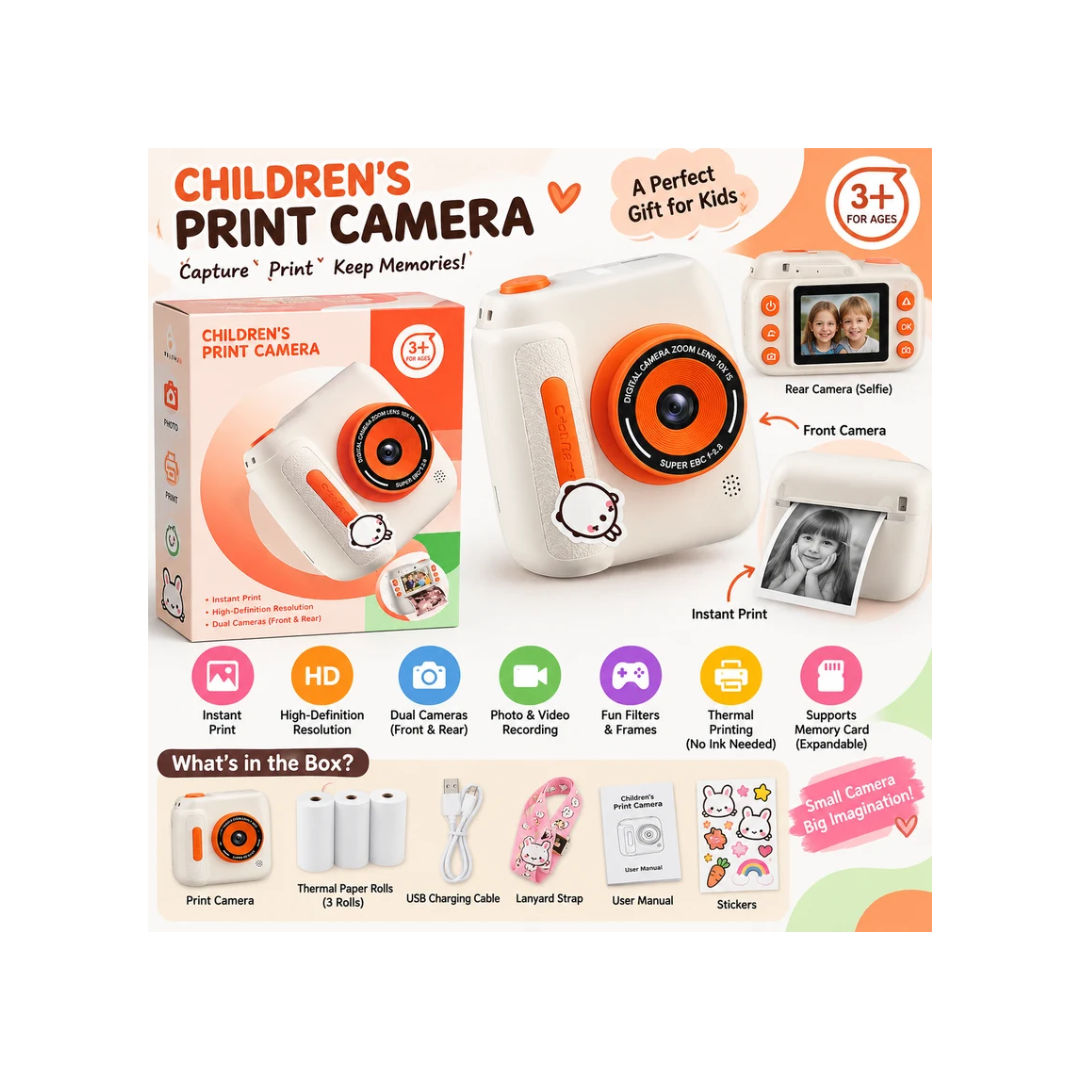 Children’s Instant Print Camera for Kids with Dual Front & Rear Camera – White & Orange