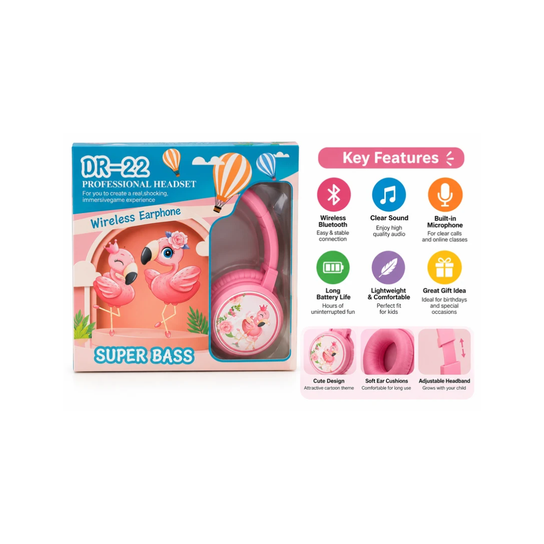 DR-22 Wireless Kids Headphones with Super Bass – Flamingo Design