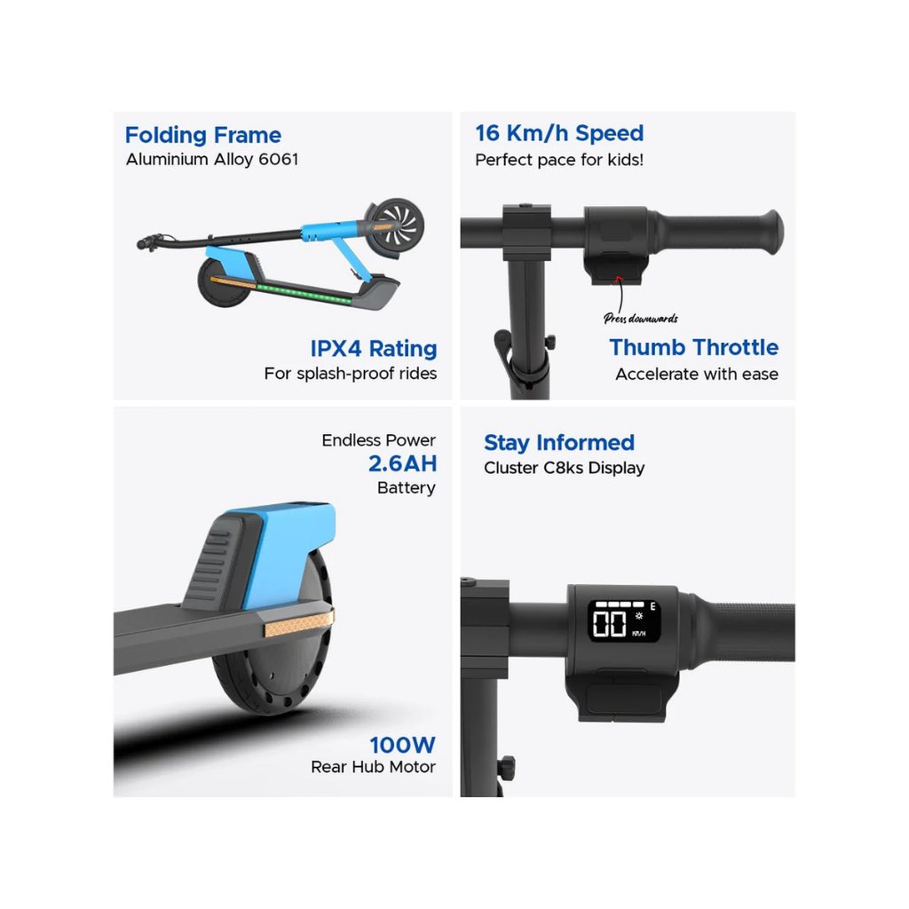 EMotorad Lil E Junior Electric Kick Scooter Foldable Aluminum Alloy Frame Sporty Blue